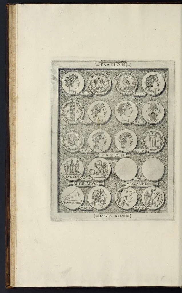 An illustration from Sicilia et Magna Graecia, sive, Historiae urbium et populorum Graeciae ex antiquis numismatibus liber primus, 1644, leaf 51