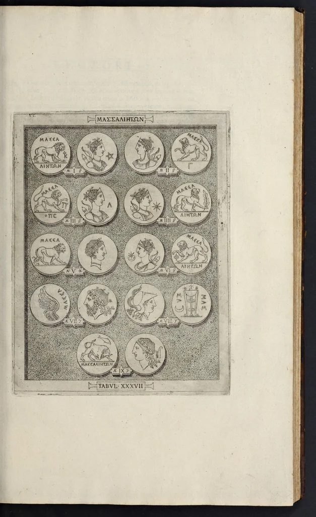 An illustration from Sicilia et Magna Graecia, sive, Historiae urbium et populorum Graeciae ex antiquis numismatibus liber primus, 1644, leaf 52