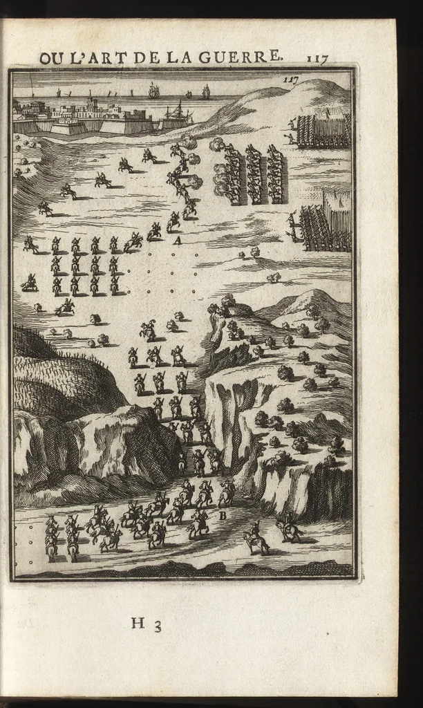 An illustration from Les travaux de Mars, ou, L'art de la guerre : divisé en trois parties ... : avec un ample détail de la milice des Turcs, tant pour l'attaque que pour la deffence : ouvrage enrichi de plus de quatre cens planches gravées en taille-douce, 1684, leaf 132