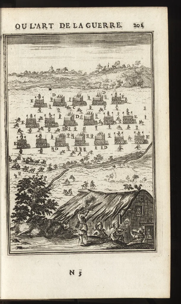 An illustration from Les travaux de Mars, ou, L'art de la guerre : divisé en trois parties ... : avec un ample détail de la milice des Turcs, tant pour l'attaque que pour la deffence : ouvrage enrichi de plus de quatre cens planches gravées en taille-douce, 1684, leaf 216