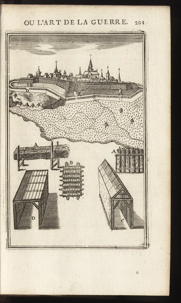 An illustration from Les travaux de Mars, ou, L'art de la guerre : divisé en trois parties ... : avec un ample détail de la milice des Turcs, tant pour l'attaque que pour la deffence : ouvrage enrichi de plus de quatre cens planches gravées en taille-douce, 1684, leaf 236