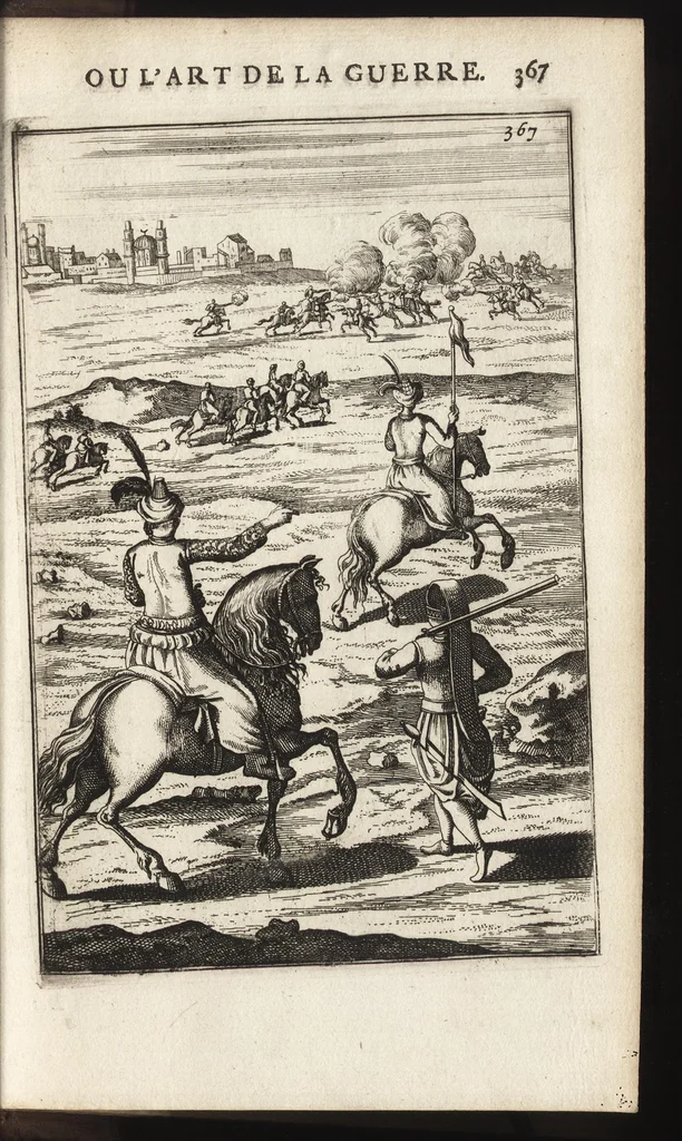 An illustration from Les travaux de Mars, ou, L'art de la guerre : divisé en trois parties ... : avec un ample détail de la milice des Turcs, tant pour l'attaque que pour la deffence : ouvrage enrichi de plus de quatre cens planches gravées en taille-douce, 1684, leaf 382