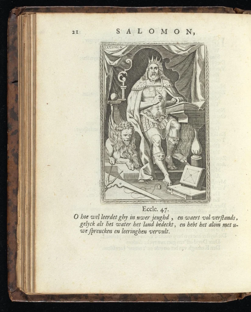 An illustration from De helden Godes des ouwden verbonds : met kunstige beeldenissen vertoont, en poeetelijk verklaert ; midsgaders, eem Hymnus of lofzangh van de christelijcke ridder ; en De heerlijckeheyd van Salomon, 1699, leaf 55