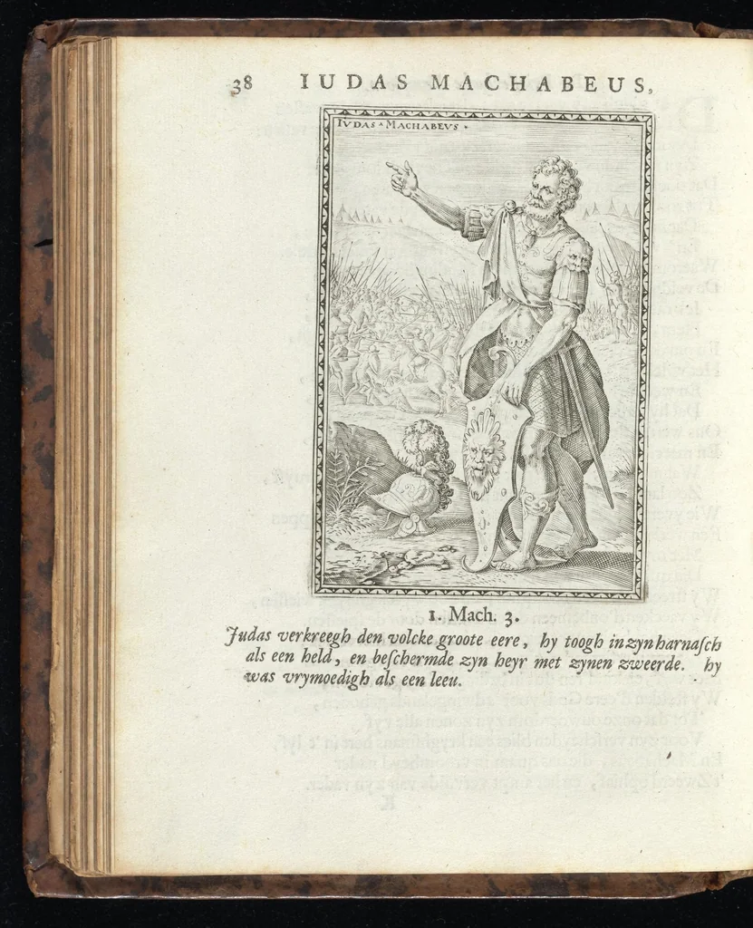 An illustration from De helden Godes des ouwden verbonds : met kunstige beeldenissen vertoont, en poeetelijk verklaert ; midsgaders, eem Hymnus of lofzangh van de christelijcke ridder ; en De heerlijckeheyd van Salomon, 1699, leaf 89