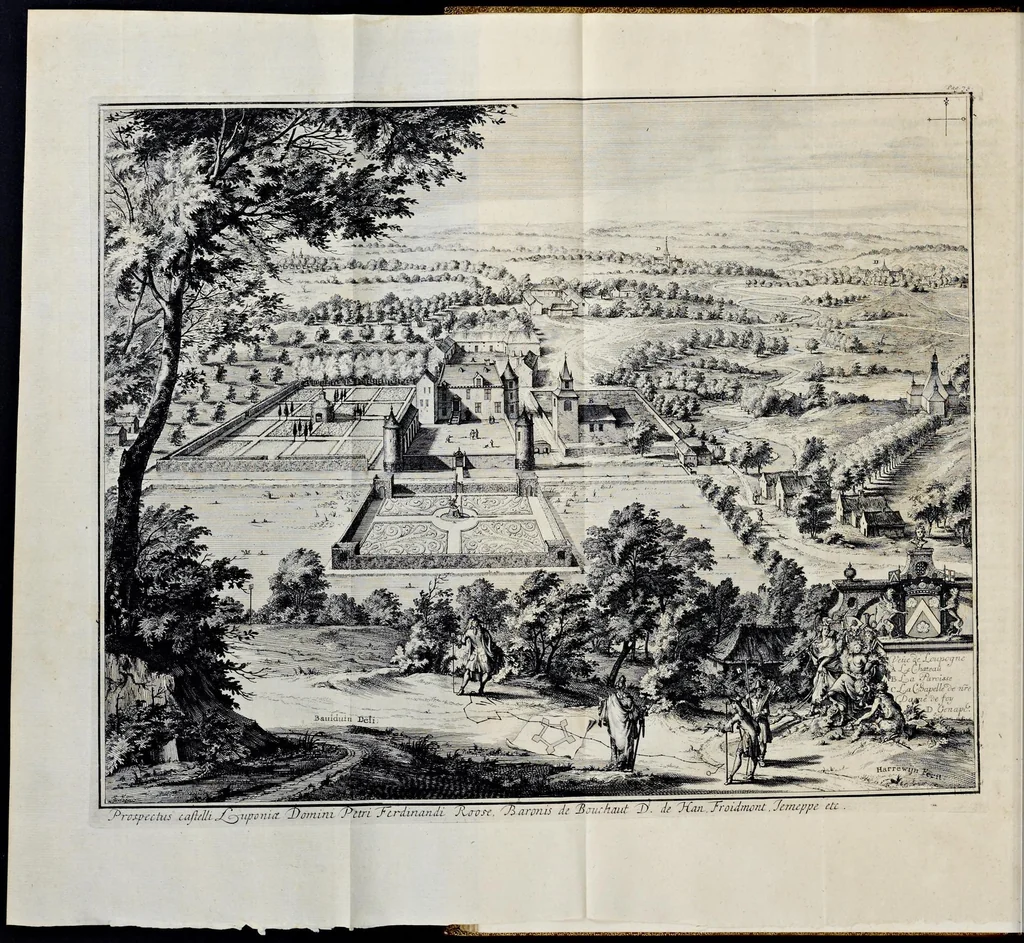 An illustration from Topographia historica Gallo-Brabantiae : quâ Romanduae oppida muncipia & dominia illustrantur : atque monasteria, nobiliumque praetoria castellaque in aes incisa exhibentur, 1692, leaf 105