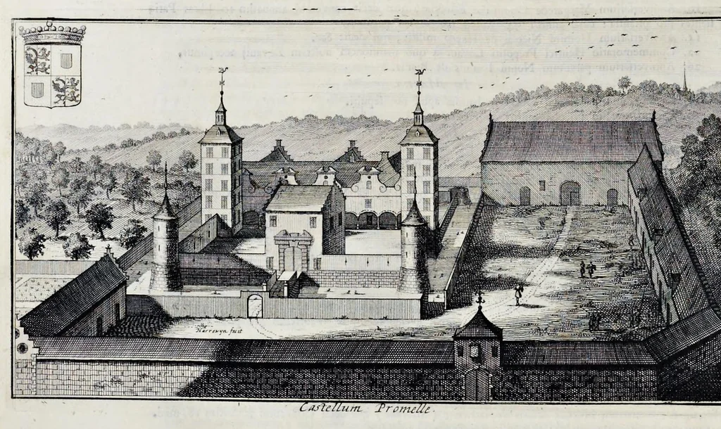 An illustration from Topographia historica Gallo-Brabantiae : quâ Romanduae oppida muncipia & dominia illustrantur : atque monasteria, nobiliumque praetoria castellaque in aes incisa exhibentur, 1692, leaf 121