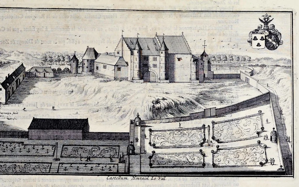 An illustration from Topographia historica Gallo-Brabantiae : quâ Romanduae oppida muncipia & dominia illustrantur : atque monasteria, nobiliumque praetoria castellaque in aes incisa exhibentur, 1692, leaf 128