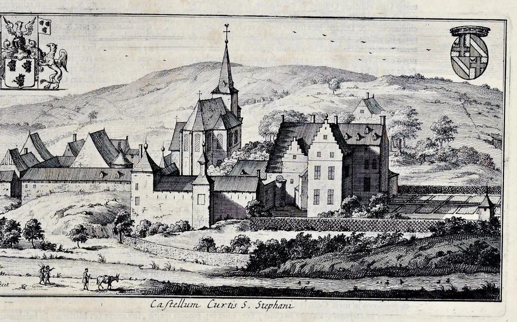 An illustration from Topographia historica Gallo-Brabantiae : quâ Romanduae oppida muncipia & dominia illustrantur : atque monasteria, nobiliumque praetoria castellaque in aes incisa exhibentur, 1692, leaf 200
