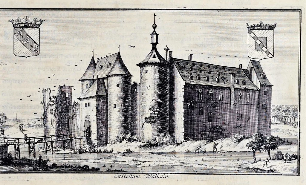 An illustration from Topographia historica Gallo-Brabantiae : quâ Romanduae oppida muncipia & dominia illustrantur : atque monasteria, nobiliumque praetoria castellaque in aes incisa exhibentur, 1692, leaf 206
