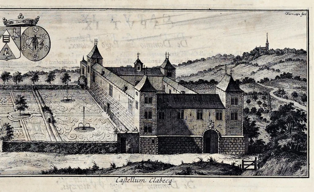 An illustration from Topographia historica Gallo-Brabantiae : quâ Romanduae oppida muncipia & dominia illustrantur : atque monasteria, nobiliumque praetoria castellaque in aes incisa exhibentur, 1692, leaf 220