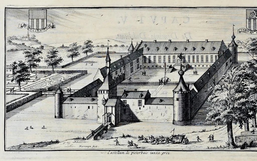 An illustration from Topographia historica Gallo-Brabantiae : quâ Romanduae oppida muncipia & dominia illustrantur : atque monasteria, nobiliumque praetoria castellaque in aes incisa exhibentur, 1692, leaf 233