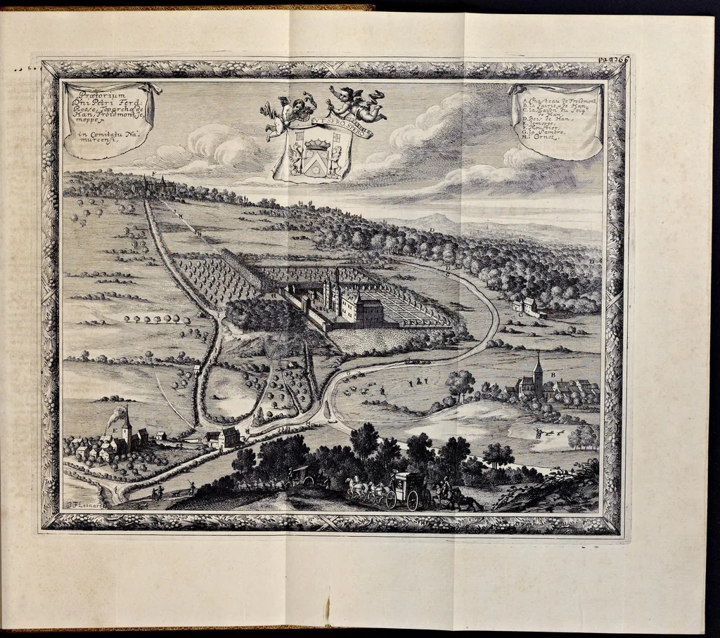 An illustration from Topographia historica Gallo-Brabantiae : quâ Romanduae oppida muncipia & dominia illustrantur : atque monasteria, nobiliumque praetoria castellaque in aes incisa exhibentur, 1692, leaf 322
