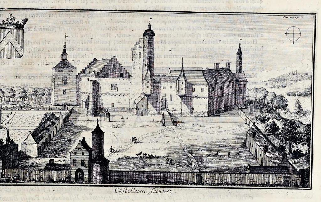 An illustration from Topographia historica Gallo-Brabantiae : quâ Romanduae oppida muncipia & dominia illustrantur : atque monasteria, nobiliumque praetoria castellaque in aes incisa exhibentur, 1692, leaf 74