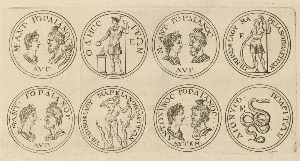 An illustration from Imperatorum romanorum numismata ex aere mediae et minimae formae : descripta & enarrata, 1697, leaf 348