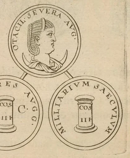 An illustration from Imperatorum romanorum numismata ex aere mediae et minimae formae : descripta & enarrata, 1697, leaf 360