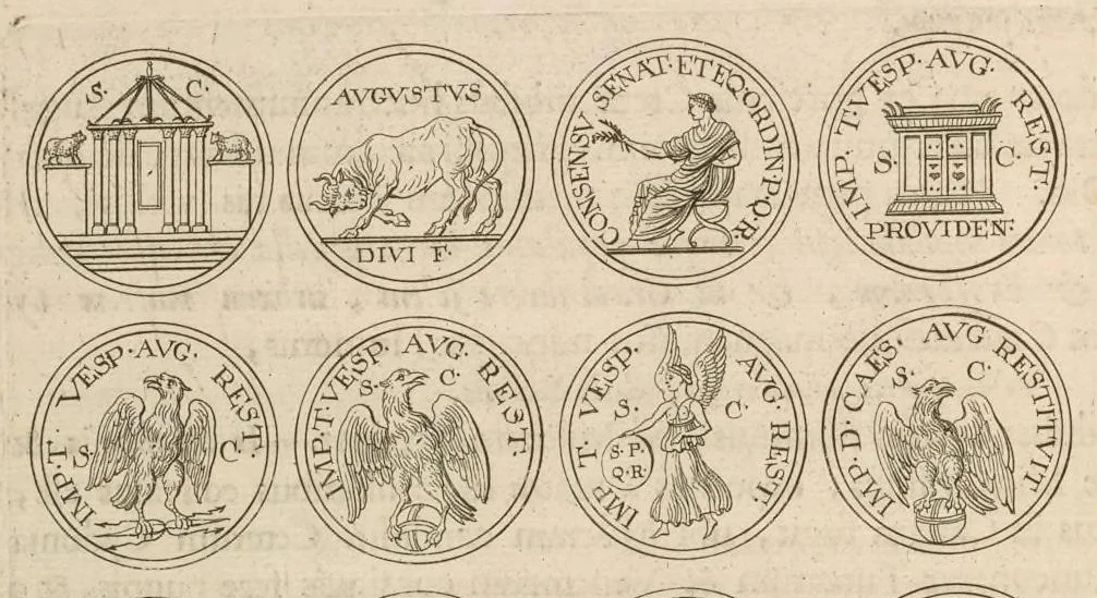 An illustration from Imperatorum romanorum numismata ex aere mediae et minimae formae : descripta & enarrata, 1697, leaf 89