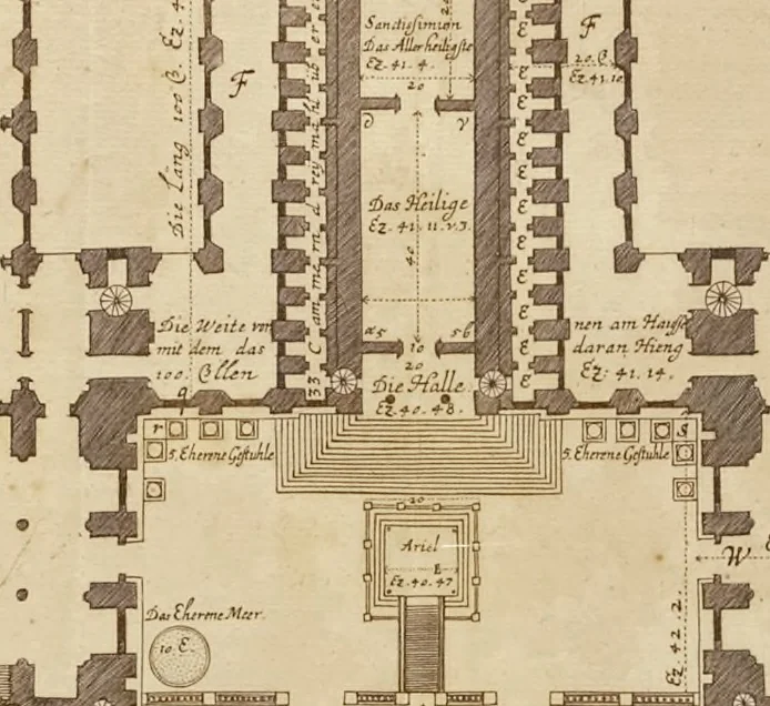 An illustration from Nicolai Goldmans Vollständige Anweisung zu der Civil-Bau-Kunst : in welcher nicht nur die fünff Ordnungen, samt den darzu gehörigen Fenster-Gesimsen, Kämpffern, Geländer-Dockeb und Bilderstühlen, auf eine neue und sonderbare leichte Art aufzureissen deutlich gewiesen, sondern zugleich getreulich entdecket wird ..., 1708, leaf 102