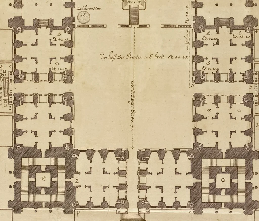 An illustration from Nicolai Goldmans Vollständige Anweisung zu der Civil-Bau-Kunst : in welcher nicht nur die fünff Ordnungen, samt den darzu gehörigen Fenster-Gesimsen, Kämpffern, Geländer-Dockeb und Bilderstühlen, auf eine neue und sonderbare leichte Art aufzureissen deutlich gewiesen, sondern zugleich getreulich entdecket wird ..., 1708, leaf 102