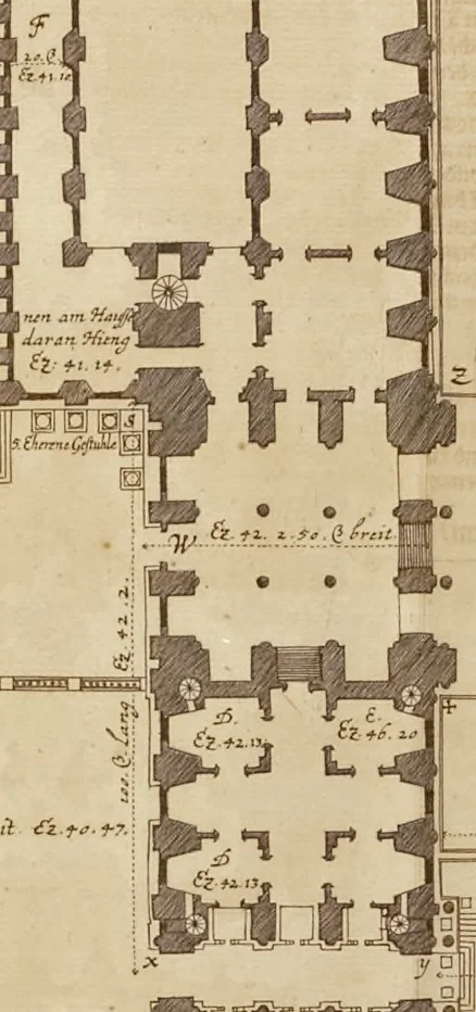 An illustration from Nicolai Goldmans Vollständige Anweisung zu der Civil-Bau-Kunst : in welcher nicht nur die fünff Ordnungen, samt den darzu gehörigen Fenster-Gesimsen, Kämpffern, Geländer-Dockeb und Bilderstühlen, auf eine neue und sonderbare leichte Art aufzureissen deutlich gewiesen, sondern zugleich getreulich entdecket wird ..., 1708, leaf 102