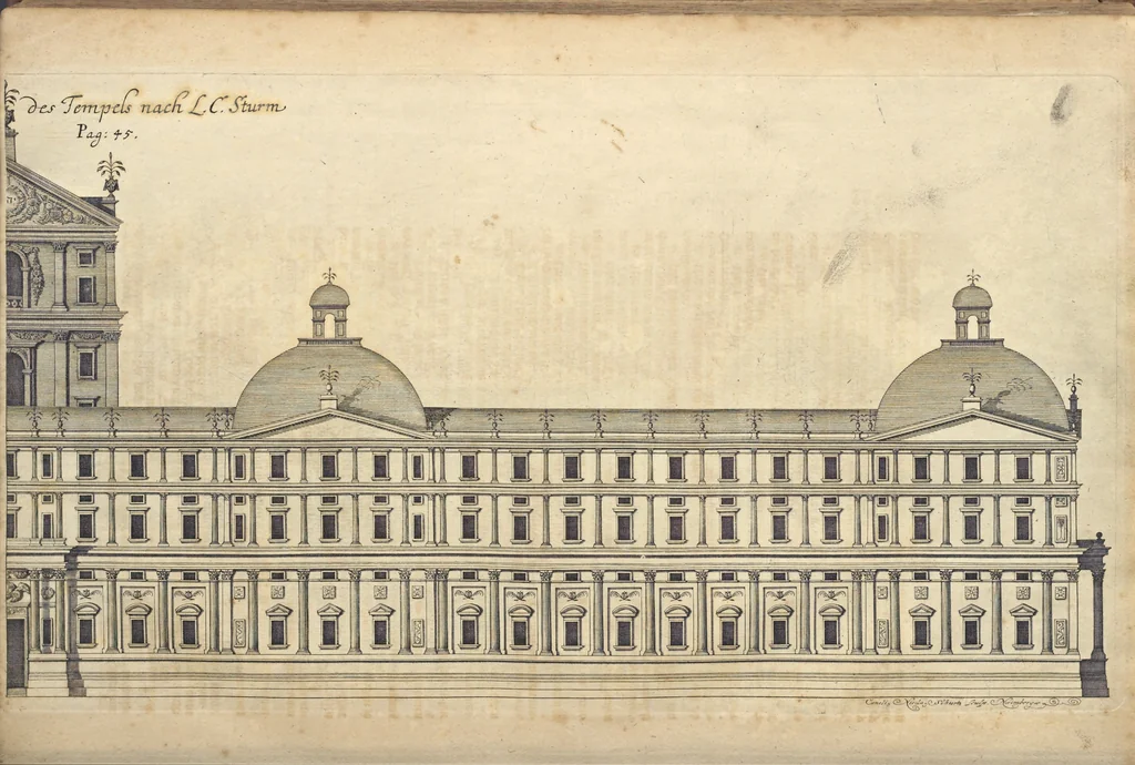 An illustration from Nicolai Goldmans Vollständige Anweisung zu der Civil-Bau-Kunst : in welcher nicht nur die fünff Ordnungen, samt den darzu gehörigen Fenster-Gesimsen, Kämpffern, Geländer-Dockeb und Bilderstühlen, auf eine neue und sonderbare leichte Art aufzureissen deutlich gewiesen, sondern zugleich getreulich entdecket wird ..., 1708, leaf 106