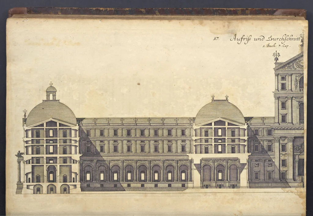 An illustration from Nicolai Goldmans Vollständige Anweisung zu der Civil-Bau-Kunst : in welcher nicht nur die fünff Ordnungen, samt den darzu gehörigen Fenster-Gesimsen, Kämpffern, Geländer-Dockeb und Bilderstühlen, auf eine neue und sonderbare leichte Art aufzureissen deutlich gewiesen, sondern zugleich getreulich entdecket wird ..., 1708, leaf 108