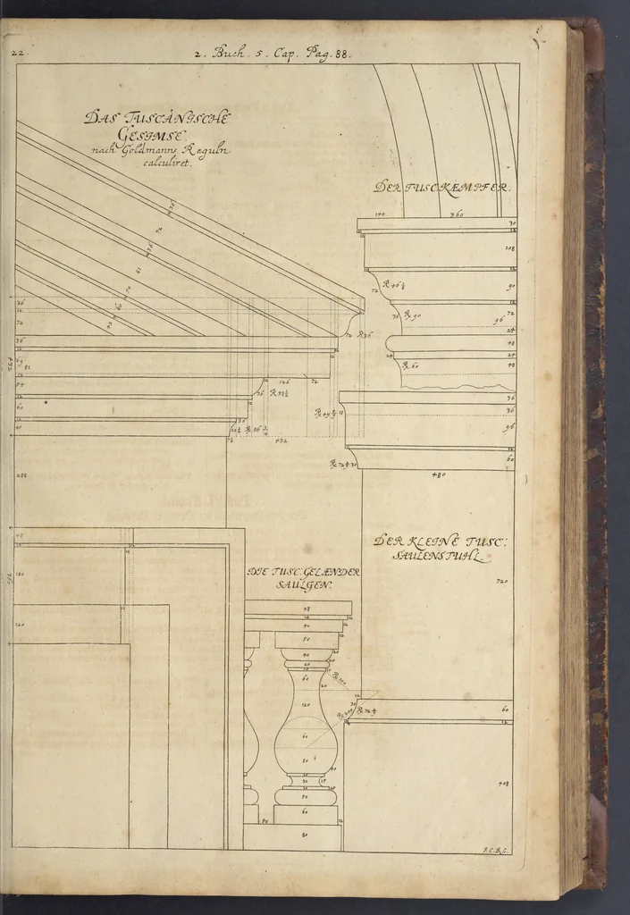 An illustration from Nicolai Goldmans Vollständige Anweisung zu der Civil-Bau-Kunst : in welcher nicht nur die fünff Ordnungen, samt den darzu gehörigen Fenster-Gesimsen, Kämpffern, Geländer-Dockeb und Bilderstühlen, auf eine neue und sonderbare leichte Art aufzureissen deutlich gewiesen, sondern zugleich getreulich entdecket wird ..., 1708, leaf 162