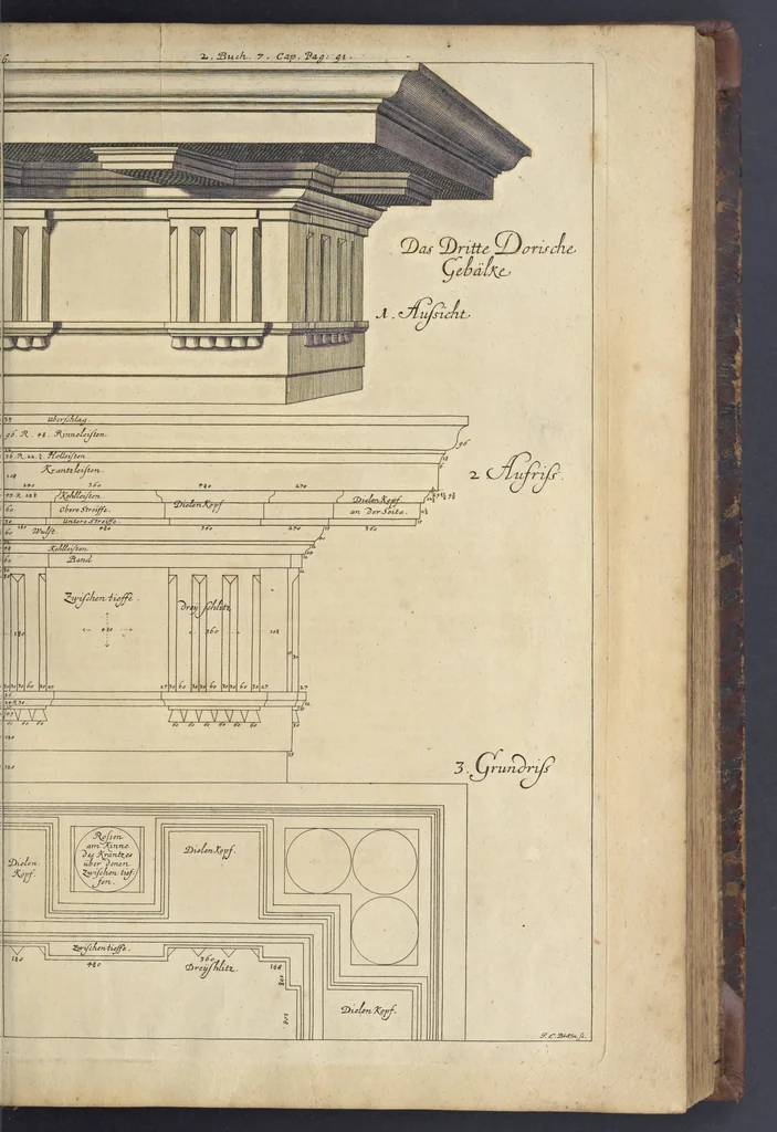 An illustration from Nicolai Goldmans Vollständige Anweisung zu der Civil-Bau-Kunst : in welcher nicht nur die fünff Ordnungen, samt den darzu gehörigen Fenster-Gesimsen, Kämpffern, Geländer-Dockeb und Bilderstühlen, auf eine neue und sonderbare leichte Art aufzureissen deutlich gewiesen, sondern zugleich getreulich entdecket wird ..., 1708, leaf 172