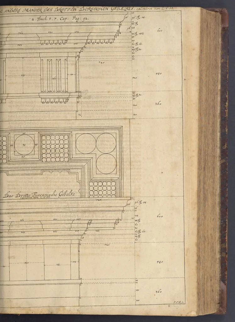 An illustration from Nicolai Goldmans Vollständige Anweisung zu der Civil-Bau-Kunst : in welcher nicht nur die fünff Ordnungen, samt den darzu gehörigen Fenster-Gesimsen, Kämpffern, Geländer-Dockeb und Bilderstühlen, auf eine neue und sonderbare leichte Art aufzureissen deutlich gewiesen, sondern zugleich getreulich entdecket wird ..., 1708, leaf 178