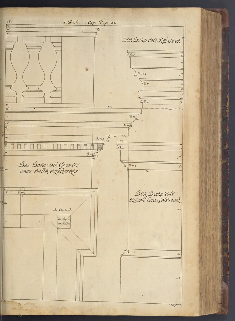 An illustration from Nicolai Goldmans Vollständige Anweisung zu der Civil-Bau-Kunst : in welcher nicht nur die fünff Ordnungen, samt den darzu gehörigen Fenster-Gesimsen, Kämpffern, Geländer-Dockeb und Bilderstühlen, auf eine neue und sonderbare leichte Art aufzureissen deutlich gewiesen, sondern zugleich getreulich entdecket wird ..., 1708, leaf 180