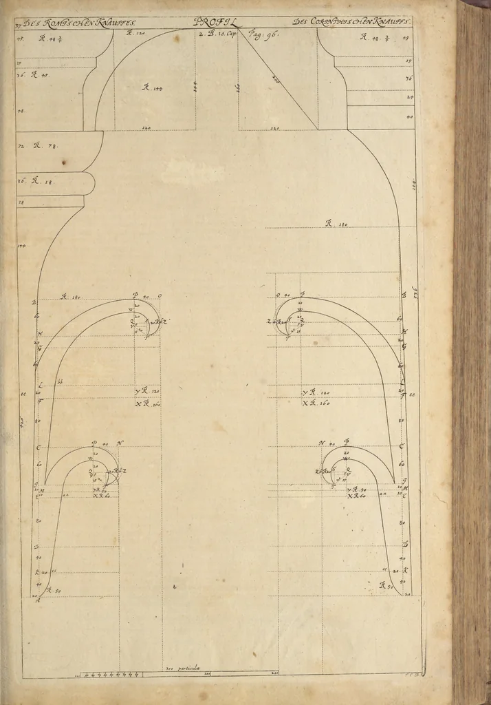 An illustration from Nicolai Goldmans Vollständige Anweisung zu der Civil-Bau-Kunst : in welcher nicht nur die fünff Ordnungen, samt den darzu gehörigen Fenster-Gesimsen, Kämpffern, Geländer-Dockeb und Bilderstühlen, auf eine neue und sonderbare leichte Art aufzureissen deutlich gewiesen, sondern zugleich getreulich entdecket wird ..., 1708, leaf 202