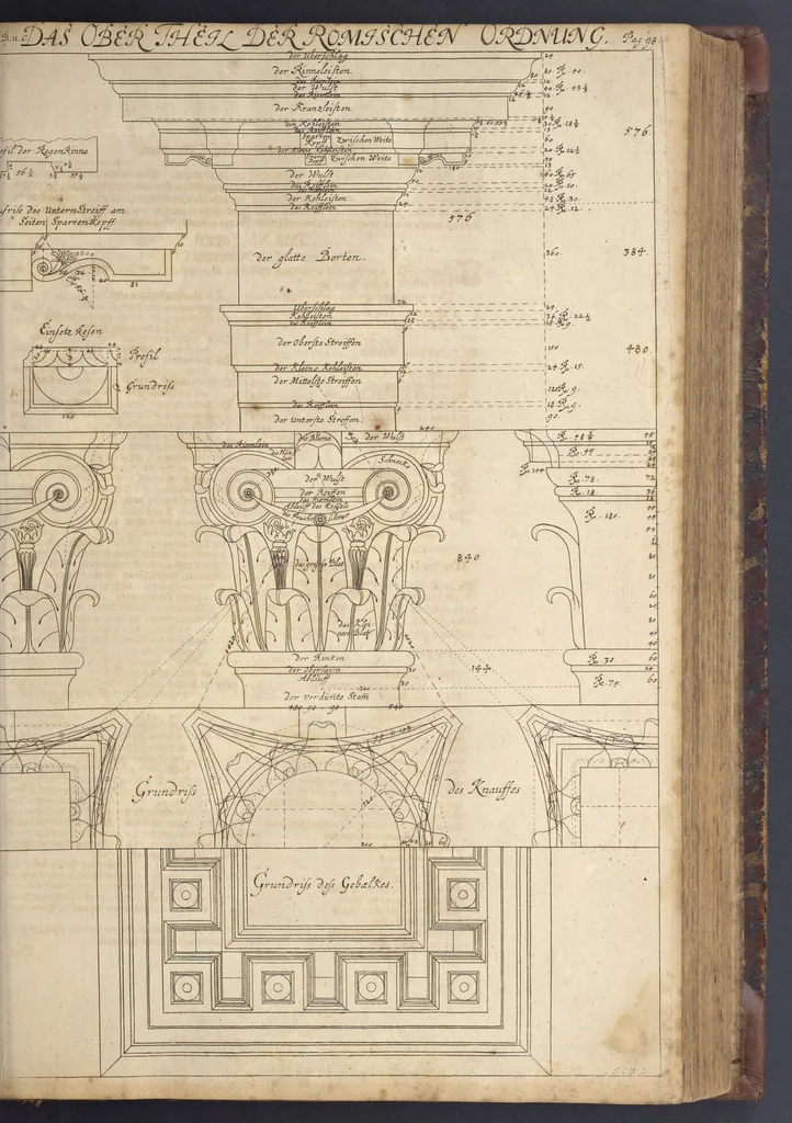 An illustration from Nicolai Goldmans Vollständige Anweisung zu der Civil-Bau-Kunst : in welcher nicht nur die fünff Ordnungen, samt den darzu gehörigen Fenster-Gesimsen, Kämpffern, Geländer-Dockeb und Bilderstühlen, auf eine neue und sonderbare leichte Art aufzureissen deutlich gewiesen, sondern zugleich getreulich entdecket wird ..., 1708, leaf 208