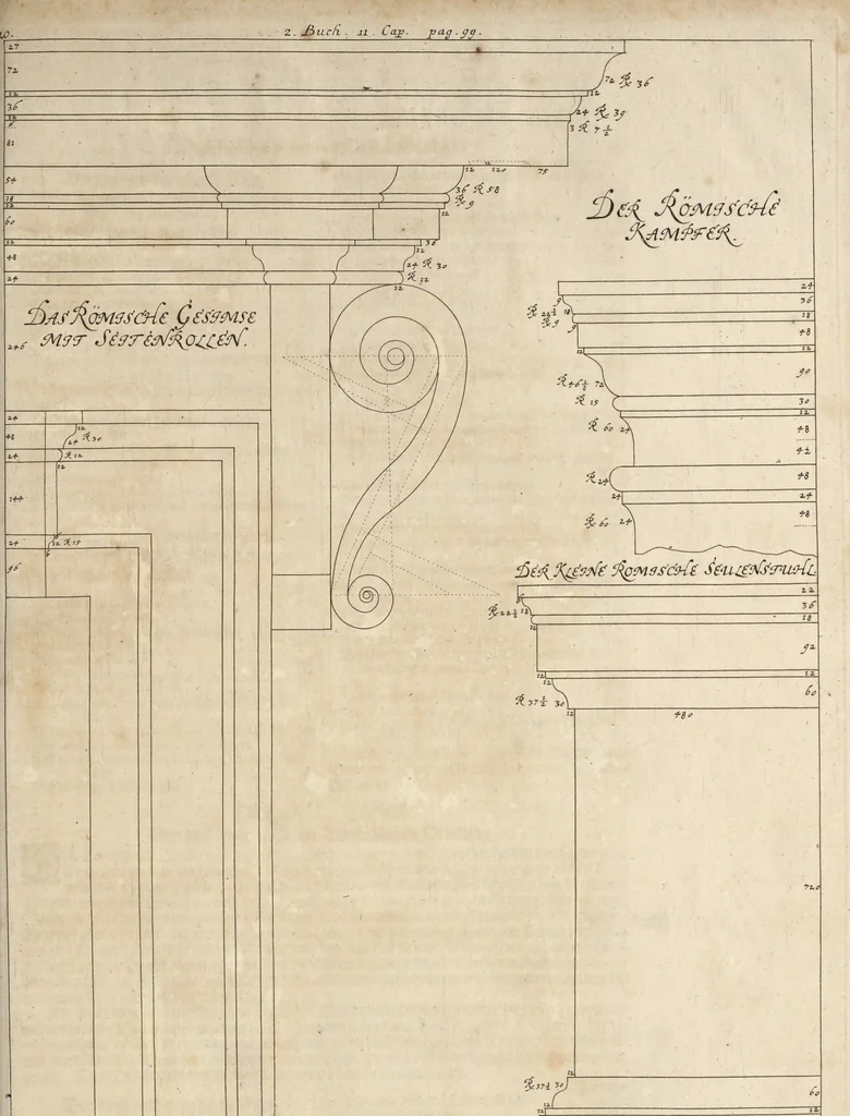 An illustration from Nicolai Goldmans Vollständige Anweisung zu der Civil-Bau-Kunst : in welcher nicht nur die fünff Ordnungen, samt den darzu gehörigen Fenster-Gesimsen, Kämpffern, Geländer-Dockeb und Bilderstühlen, auf eine neue und sonderbare leichte Art aufzureissen deutlich gewiesen, sondern zugleich getreulich entdecket wird ..., 1708, leaf 210