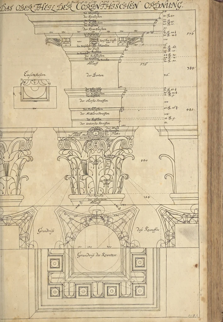 An illustration from Nicolai Goldmans Vollständige Anweisung zu der Civil-Bau-Kunst : in welcher nicht nur die fünff Ordnungen, samt den darzu gehörigen Fenster-Gesimsen, Kämpffern, Geländer-Dockeb und Bilderstühlen, auf eine neue und sonderbare leichte Art aufzureissen deutlich gewiesen, sondern zugleich getreulich entdecket wird ..., 1708, leaf 216