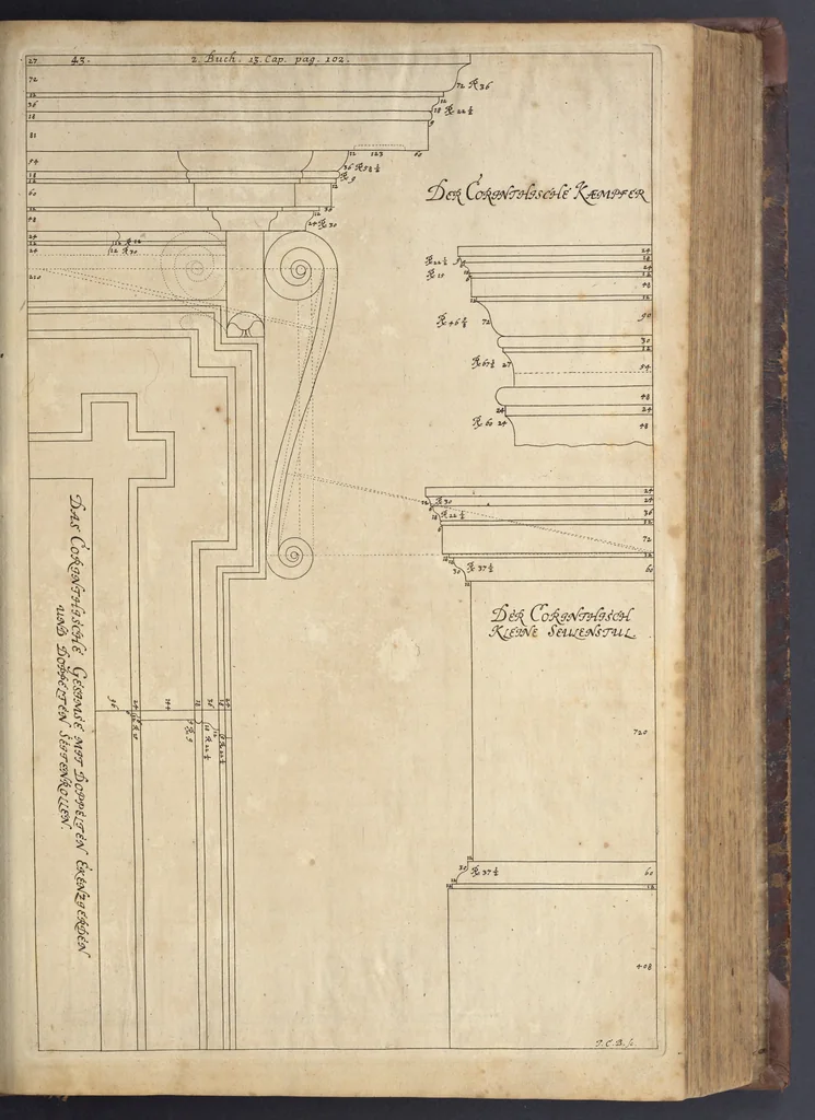 An illustration from Nicolai Goldmans Vollständige Anweisung zu der Civil-Bau-Kunst : in welcher nicht nur die fünff Ordnungen, samt den darzu gehörigen Fenster-Gesimsen, Kämpffern, Geländer-Dockeb und Bilderstühlen, auf eine neue und sonderbare leichte Art aufzureissen deutlich gewiesen, sondern zugleich getreulich entdecket wird ..., 1708, leaf 218