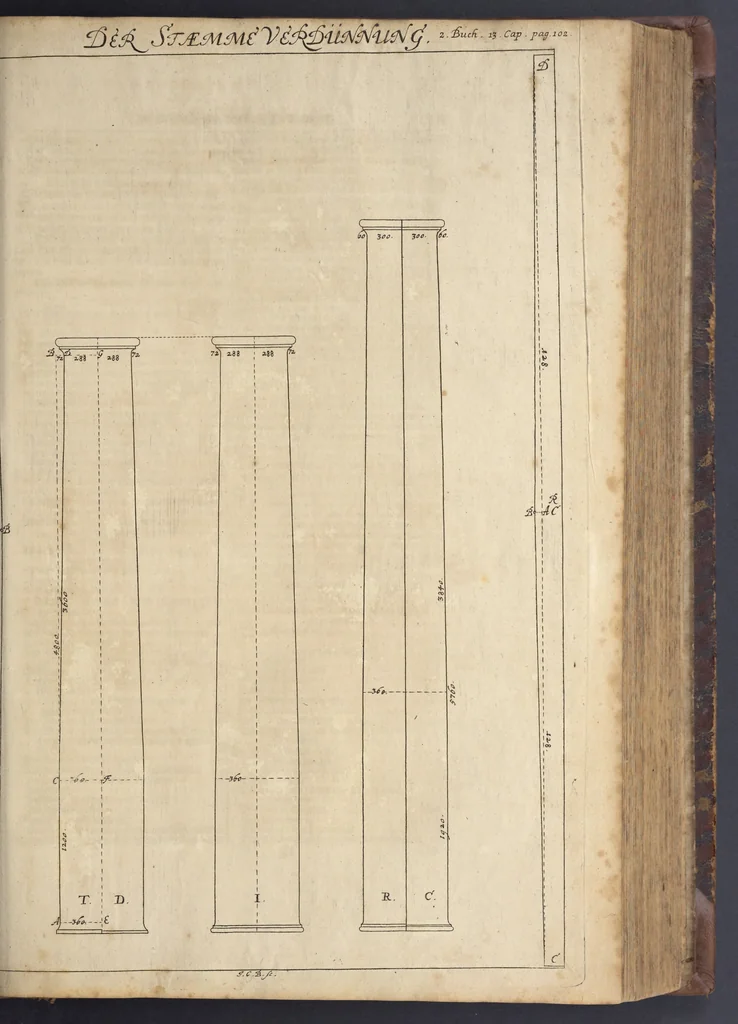 An illustration from Nicolai Goldmans Vollständige Anweisung zu der Civil-Bau-Kunst : in welcher nicht nur die fünff Ordnungen, samt den darzu gehörigen Fenster-Gesimsen, Kämpffern, Geländer-Dockeb und Bilderstühlen, auf eine neue und sonderbare leichte Art aufzureissen deutlich gewiesen, sondern zugleich getreulich entdecket wird ..., 1708, leaf 220
