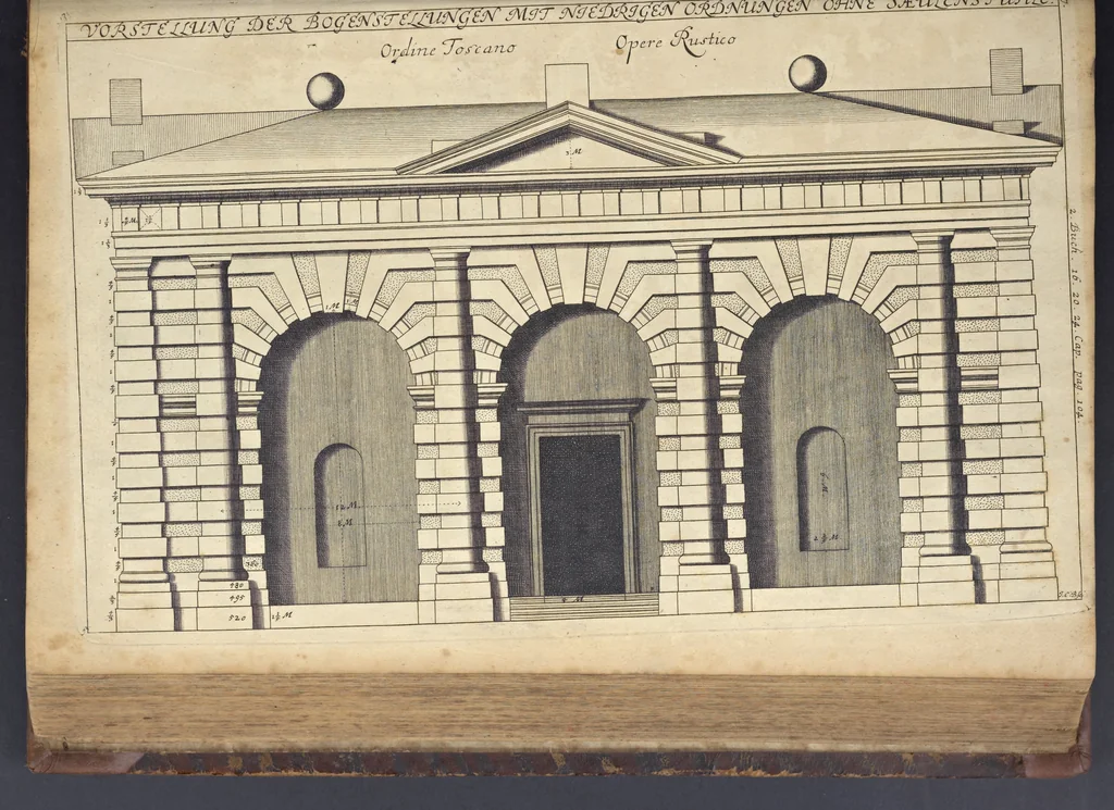 An illustration from Nicolai Goldmans Vollständige Anweisung zu der Civil-Bau-Kunst : in welcher nicht nur die fünff Ordnungen, samt den darzu gehörigen Fenster-Gesimsen, Kämpffern, Geländer-Dockeb und Bilderstühlen, auf eine neue und sonderbare leichte Art aufzureissen deutlich gewiesen, sondern zugleich getreulich entdecket wird ..., 1708, leaf 228