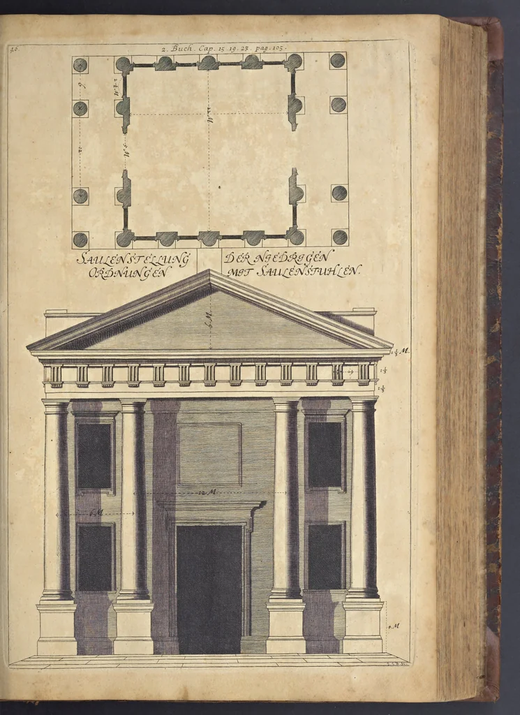 An illustration from Nicolai Goldmans Vollständige Anweisung zu der Civil-Bau-Kunst : in welcher nicht nur die fünff Ordnungen, samt den darzu gehörigen Fenster-Gesimsen, Kämpffern, Geländer-Dockeb und Bilderstühlen, auf eine neue und sonderbare leichte Art aufzureissen deutlich gewiesen, sondern zugleich getreulich entdecket wird ..., 1708, leaf 230