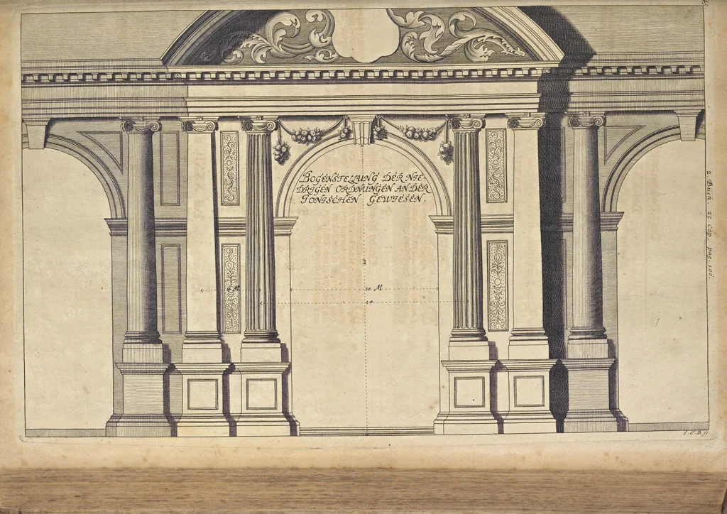 An illustration from Nicolai Goldmans Vollständige Anweisung zu der Civil-Bau-Kunst : in welcher nicht nur die fünff Ordnungen, samt den darzu gehörigen Fenster-Gesimsen, Kämpffern, Geländer-Dockeb und Bilderstühlen, auf eine neue und sonderbare leichte Art aufzureissen deutlich gewiesen, sondern zugleich getreulich entdecket wird ..., 1708, leaf 236