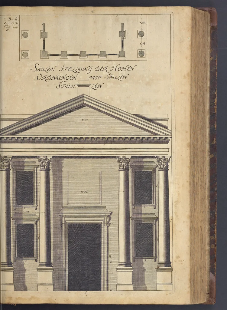 An illustration from Nicolai Goldmans Vollständige Anweisung zu der Civil-Bau-Kunst : in welcher nicht nur die fünff Ordnungen, samt den darzu gehörigen Fenster-Gesimsen, Kämpffern, Geländer-Dockeb und Bilderstühlen, auf eine neue und sonderbare leichte Art aufzureissen deutlich gewiesen, sondern zugleich getreulich entdecket wird ..., 1708, leaf 238