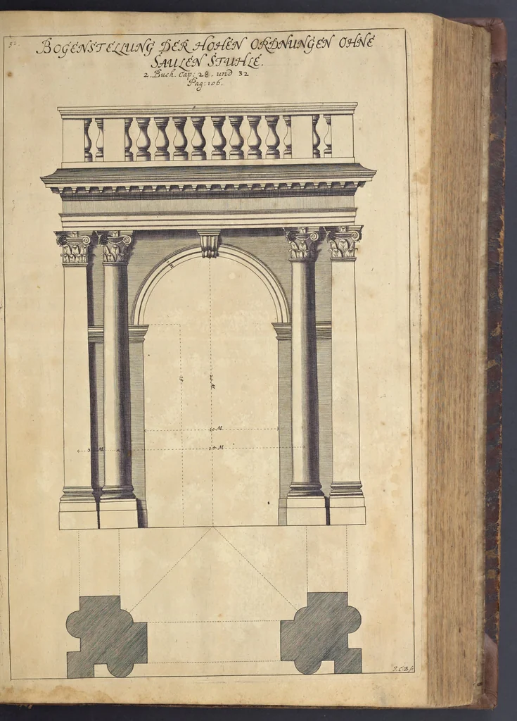 An illustration from Nicolai Goldmans Vollständige Anweisung zu der Civil-Bau-Kunst : in welcher nicht nur die fünff Ordnungen, samt den darzu gehörigen Fenster-Gesimsen, Kämpffern, Geländer-Dockeb und Bilderstühlen, auf eine neue und sonderbare leichte Art aufzureissen deutlich gewiesen, sondern zugleich getreulich entdecket wird ..., 1708, leaf 240
