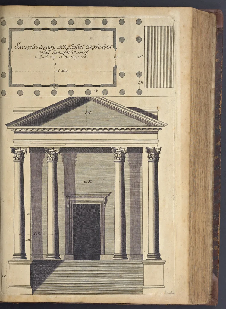 An illustration from Nicolai Goldmans Vollständige Anweisung zu der Civil-Bau-Kunst : in welcher nicht nur die fünff Ordnungen, samt den darzu gehörigen Fenster-Gesimsen, Kämpffern, Geländer-Dockeb und Bilderstühlen, auf eine neue und sonderbare leichte Art aufzureissen deutlich gewiesen, sondern zugleich getreulich entdecket wird ..., 1708, leaf 242