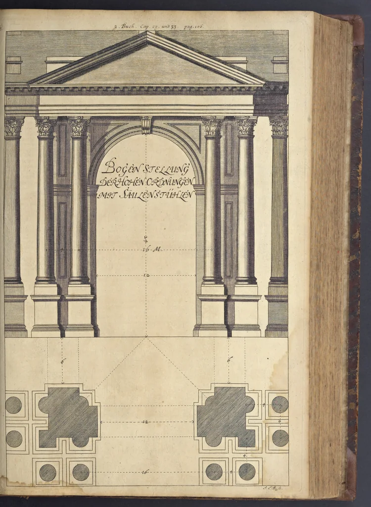 An illustration from Nicolai Goldmans Vollständige Anweisung zu der Civil-Bau-Kunst : in welcher nicht nur die fünff Ordnungen, samt den darzu gehörigen Fenster-Gesimsen, Kämpffern, Geländer-Dockeb und Bilderstühlen, auf eine neue und sonderbare leichte Art aufzureissen deutlich gewiesen, sondern zugleich getreulich entdecket wird ..., 1708, leaf 244