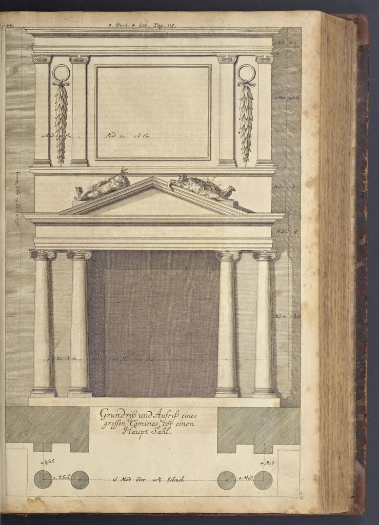 An illustration from Nicolai Goldmans Vollständige Anweisung zu der Civil-Bau-Kunst : in welcher nicht nur die fünff Ordnungen, samt den darzu gehörigen Fenster-Gesimsen, Kämpffern, Geländer-Dockeb und Bilderstühlen, auf eine neue und sonderbare leichte Art aufzureissen deutlich gewiesen, sondern zugleich getreulich entdecket wird ..., 1708, leaf 254
