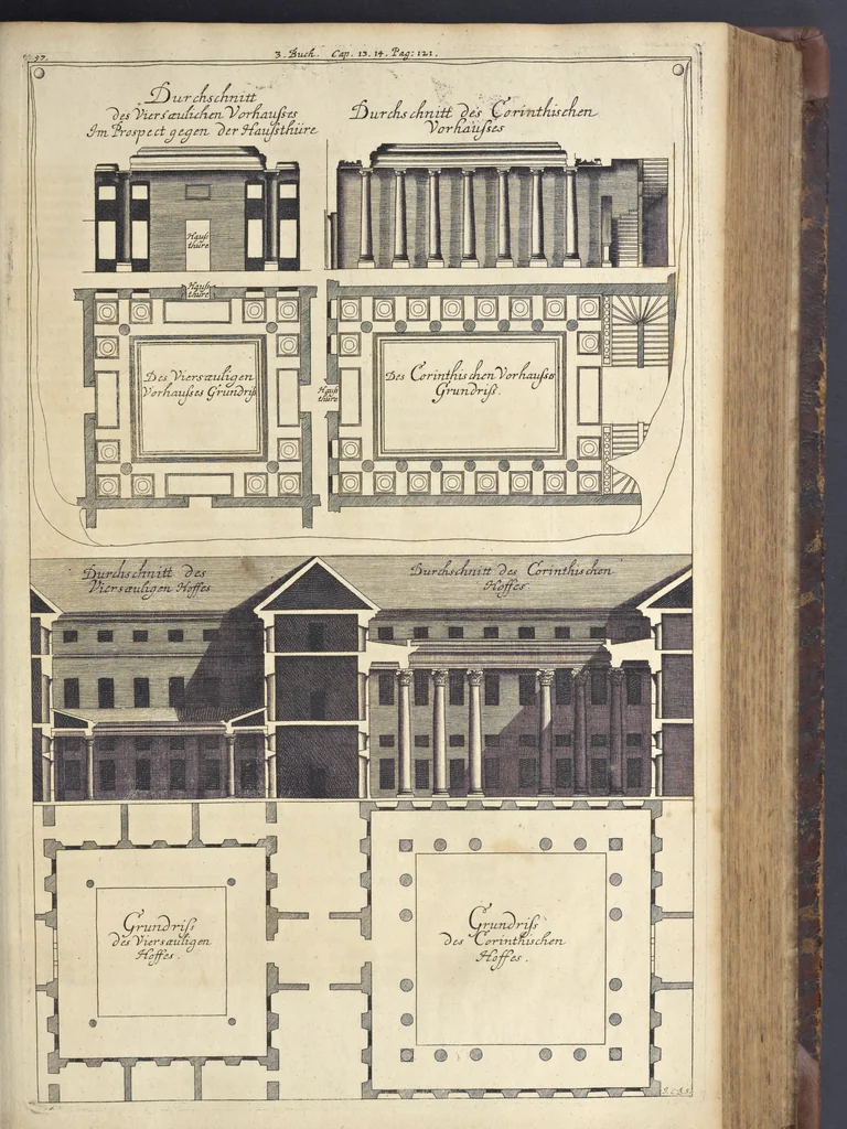 An illustration from Nicolai Goldmans Vollständige Anweisung zu der Civil-Bau-Kunst : in welcher nicht nur die fünff Ordnungen, samt den darzu gehörigen Fenster-Gesimsen, Kämpffern, Geländer-Dockeb und Bilderstühlen, auf eine neue und sonderbare leichte Art aufzureissen deutlich gewiesen, sondern zugleich getreulich entdecket wird ..., 1708, leaf 266