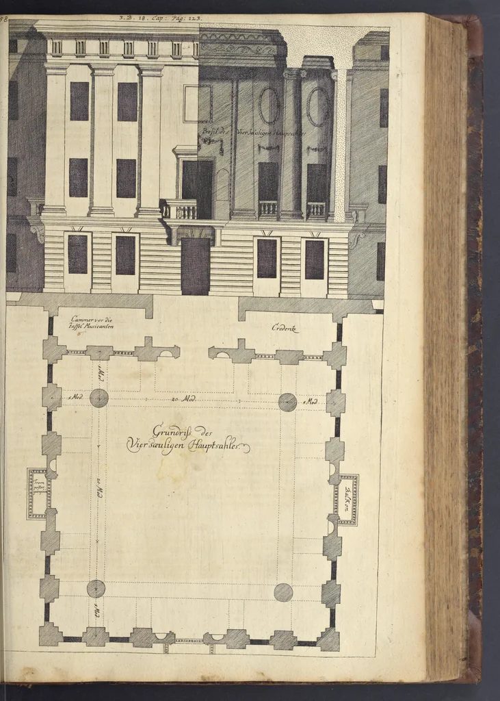 An illustration from Nicolai Goldmans Vollständige Anweisung zu der Civil-Bau-Kunst : in welcher nicht nur die fünff Ordnungen, samt den darzu gehörigen Fenster-Gesimsen, Kämpffern, Geländer-Dockeb und Bilderstühlen, auf eine neue und sonderbare leichte Art aufzureissen deutlich gewiesen, sondern zugleich getreulich entdecket wird ..., 1708, leaf 270