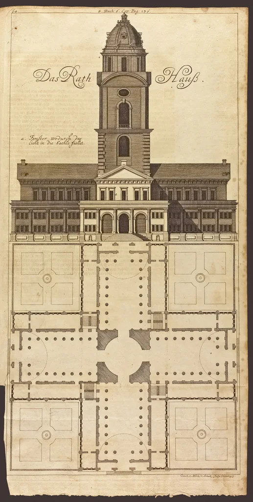 An illustration from Nicolai Goldmans Vollständige Anweisung zu der Civil-Bau-Kunst : in welcher nicht nur die fünff Ordnungen, samt den darzu gehörigen Fenster-Gesimsen, Kämpffern, Geländer-Dockeb und Bilderstühlen, auf eine neue und sonderbare leichte Art aufzureissen deutlich gewiesen, sondern zugleich getreulich entdecket wird ..., 1708, leaf 296