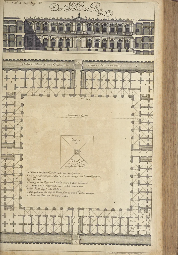 An illustration from Nicolai Goldmans Vollständige Anweisung zu der Civil-Bau-Kunst : in welcher nicht nur die fünff Ordnungen, samt den darzu gehörigen Fenster-Gesimsen, Kämpffern, Geländer-Dockeb und Bilderstühlen, auf eine neue und sonderbare leichte Art aufzureissen deutlich gewiesen, sondern zugleich getreulich entdecket wird ..., 1708, leaf 298