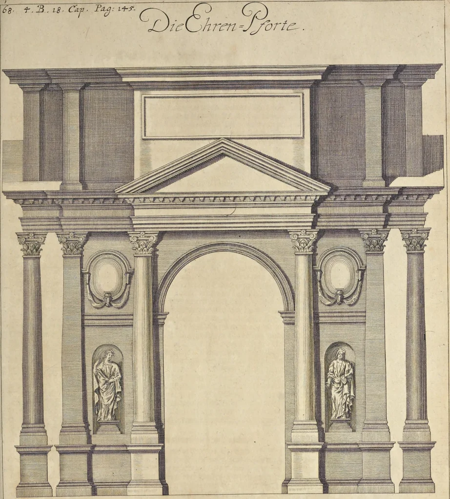 An illustration from Nicolai Goldmans Vollständige Anweisung zu der Civil-Bau-Kunst : in welcher nicht nur die fünff Ordnungen, samt den darzu gehörigen Fenster-Gesimsen, Kämpffern, Geländer-Dockeb und Bilderstühlen, auf eine neue und sonderbare leichte Art aufzureissen deutlich gewiesen, sondern zugleich getreulich entdecket wird ..., 1708, leaf 312