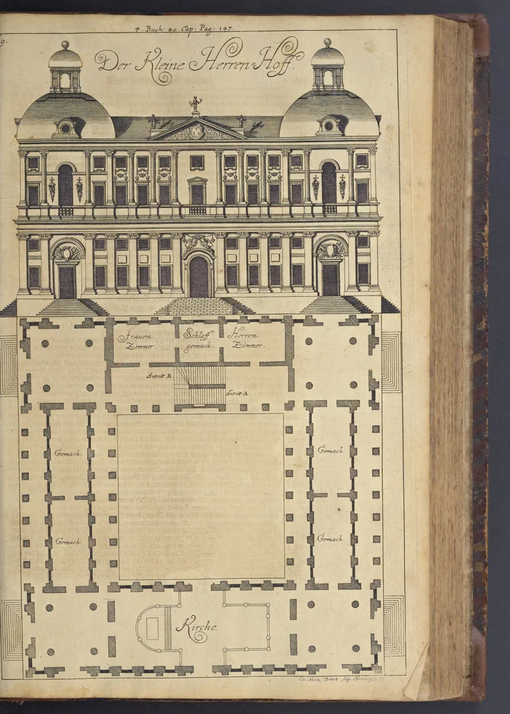 An illustration from Nicolai Goldmans Vollständige Anweisung zu der Civil-Bau-Kunst : in welcher nicht nur die fünff Ordnungen, samt den darzu gehörigen Fenster-Gesimsen, Kämpffern, Geländer-Dockeb und Bilderstühlen, auf eine neue und sonderbare leichte Art aufzureissen deutlich gewiesen, sondern zugleich getreulich entdecket wird ..., 1708, leaf 316