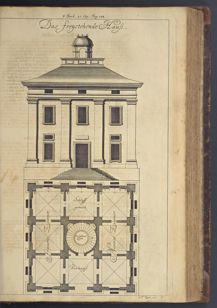 An illustration from Nicolai Goldmans Vollständige Anweisung zu der Civil-Bau-Kunst : in welcher nicht nur die fünff Ordnungen, samt den darzu gehörigen Fenster-Gesimsen, Kämpffern, Geländer-Dockeb und Bilderstühlen, auf eine neue und sonderbare leichte Art aufzureissen deutlich gewiesen, sondern zugleich getreulich entdecket wird ..., 1708, leaf 320